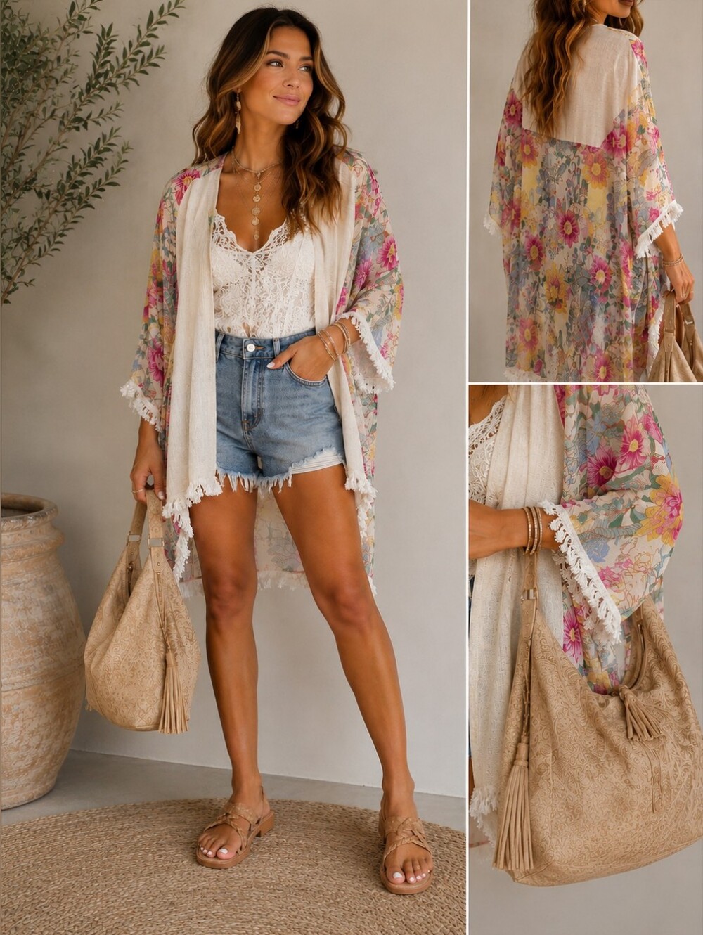 Umgee Linen Mixed Media Boho Floral Kimono Cover Up Small/Medium Oversized